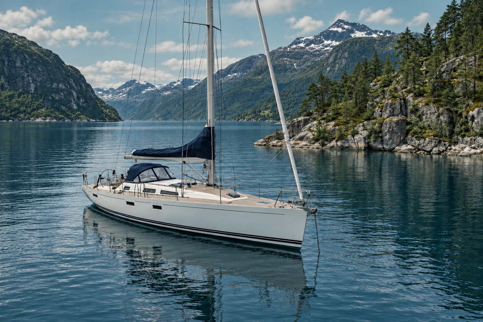 White sailing yacht beside a dark forested granite coastline on teal water