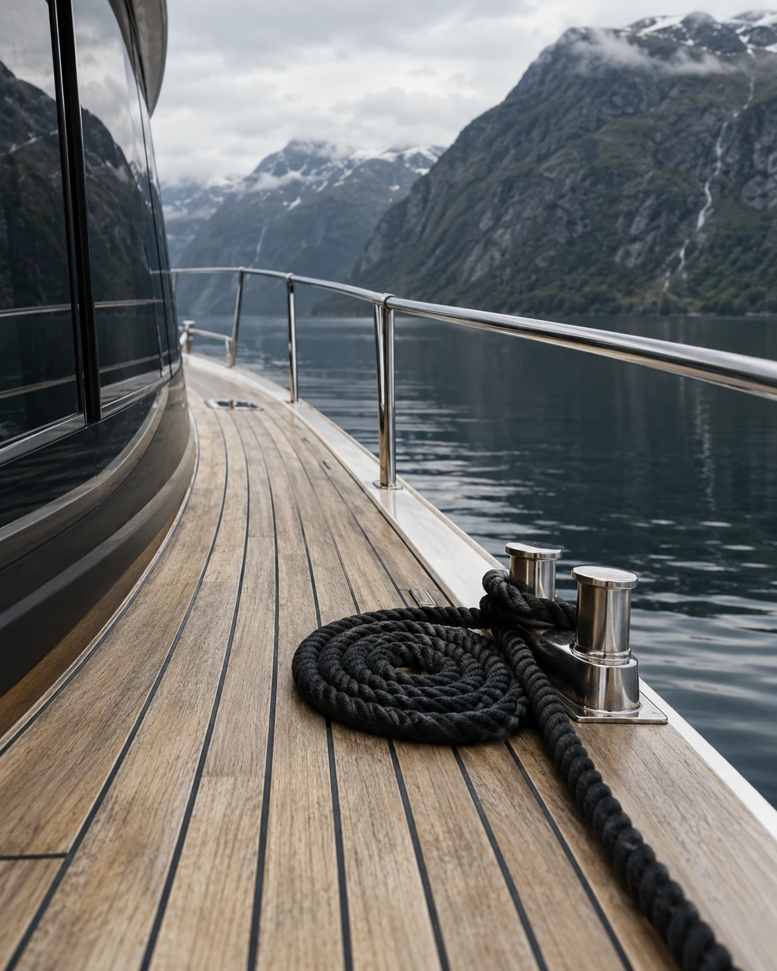 Dark mooring rope and a polished cleat on a teak yacht deck beside still water
