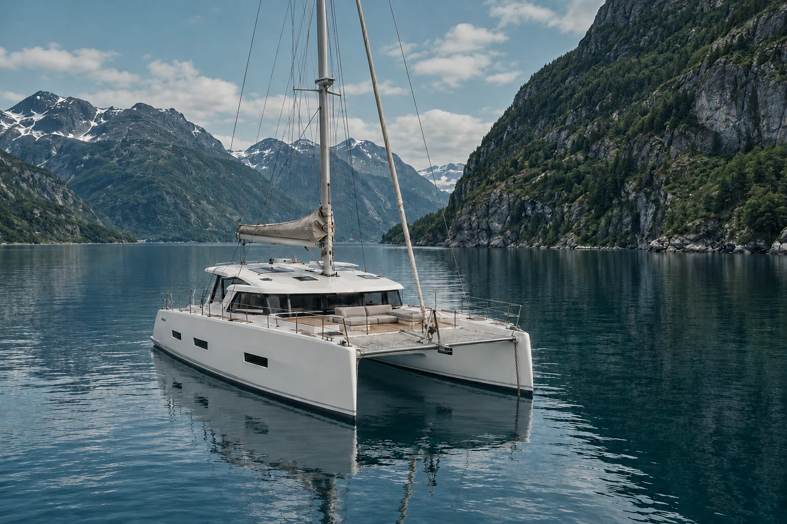 White sailing catamaran on calm teal water between forested fjord slopes
