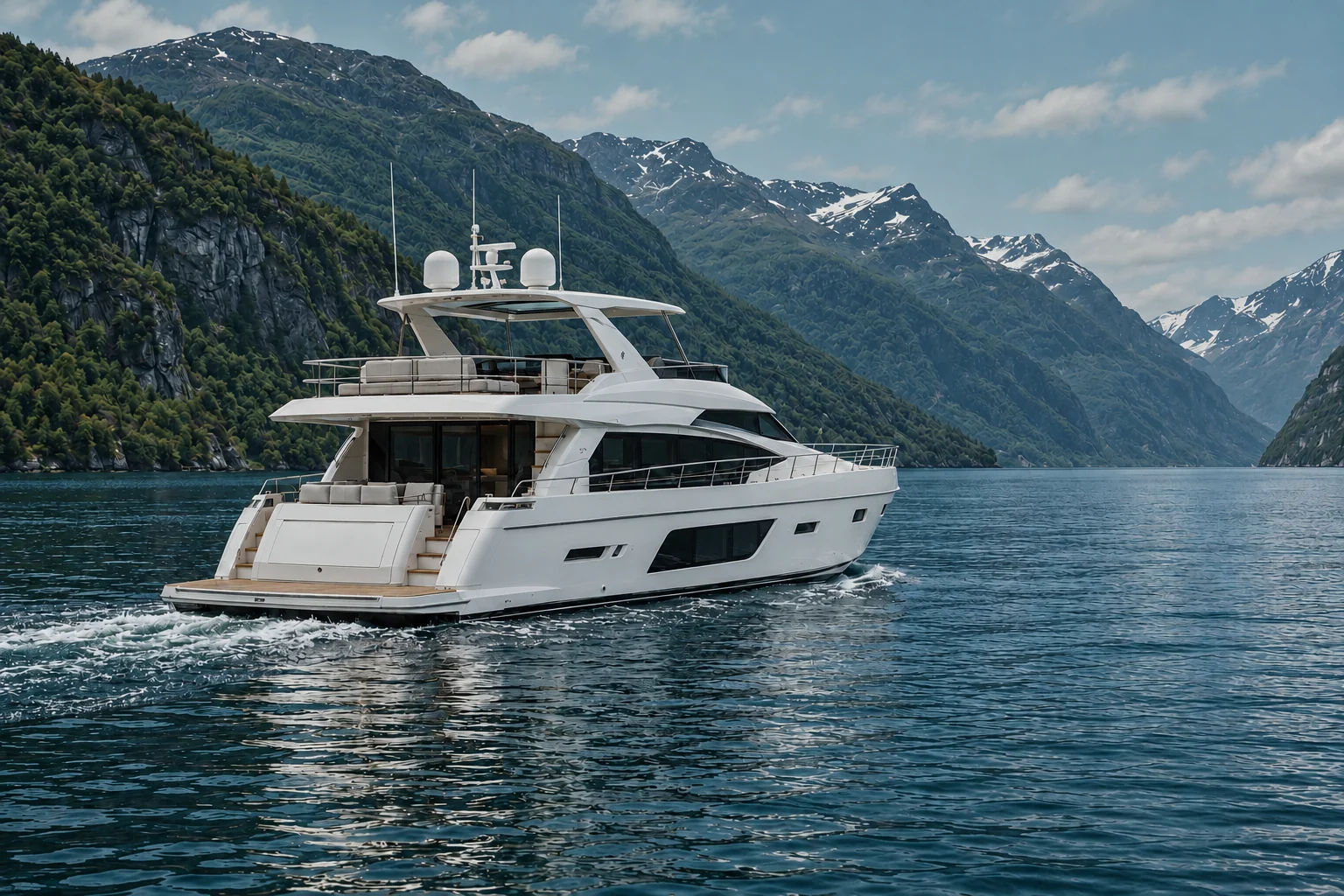 White flybridge motor yacht on deep blue-green fjord water beneath a muted sky