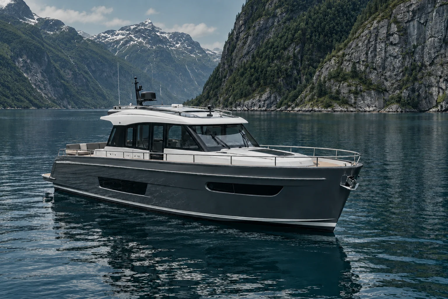 Graphite day cruiser on deep teal fjord water beside dark green mountain slopes